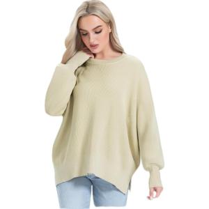imageATHMILE Womens Crewneck Oversized Sweaters Batwing Long Sleeve Side Slit Ribbed Knit 2023 Fall Pullover TOPApricot