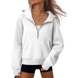 imageATHMILE Womens Hoodies Long Sleeve Fleece Quarter Zip Pullover Workout Oversized Sweatshirt Fall Winter Crop Jacket Tops 2025White