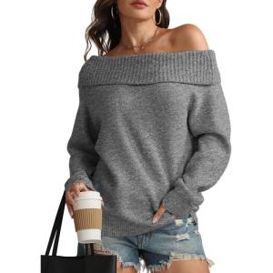 imageATHMILE Womens Off The Shoulder Sweaters Oversized Batwing Sleeve Loose Pullover Fall Outfits Winter Fashion Tops 2025Dark Grey