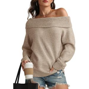 imageATHMILE Womens Off The Shoulder Sweaters Oversized Batwing Sleeve Loose Pullover Fall Outfits Winter Fashion Tops 2025Khaki