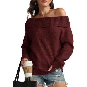 imageATHMILE Womens Off The Shoulder Sweaters Oversized Batwing Sleeve Loose Pullover Fall Outfits Winter Fashion Tops 2025Wine Red