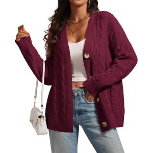 imageATHMILE Womens Oversized Sweaters Cable Knit Cardigan Fall Fashion Long Sleeve Open Front Chunky Winter Coats 2025Wine Red