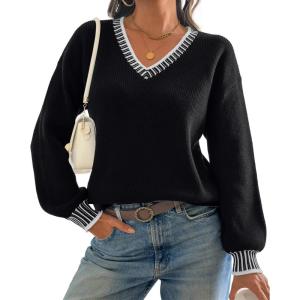 imageATHMILE Womens Sweaters V Neck Long Sleeve Contrast Knit Casual Pullover Fall Winter Outfits Cute Tops 2025Black