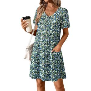 imageATHMILE Dresses for Women 2025 V Neck Short Sleeve Casual T Shirt Dress Sundresses Swimsuit Coverup with PocketsBlue Flowers