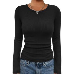 imageATHMILE Womens Long Sleeve Crewneck Ribbed Tops Fall Fitted Stretch Casual Basic T Shirts 2025Ablack