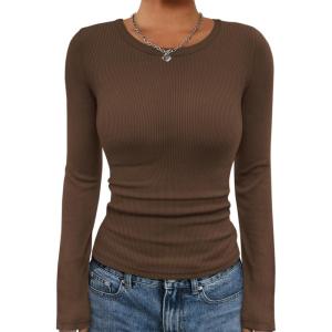 imageATHMILE Womens Long Sleeve Crewneck Ribbed Tops Fall Fitted Stretch Casual Basic T Shirts 2025Abrown