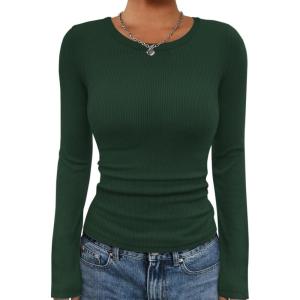 imageATHMILE Womens Long Sleeve Crewneck Ribbed Tops Fall Fitted Stretch Casual Basic T Shirts 2025Adark Green