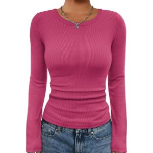 imageATHMILE Womens Long Sleeve Crewneck Ribbed Tops Fall Fitted Stretch Casual Basic T Shirts 2025Ahot Pink