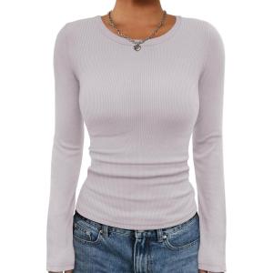 imageATHMILE Womens Long Sleeve Crewneck Ribbed Tops Fall Fitted Stretch Casual Basic T Shirts 2025Alight Purple