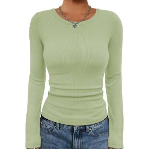 imageATHMILE Womens Long Sleeve Crewneck Ribbed Tops Fall Fitted Stretch Casual Basic T Shirts 2025Amint Green