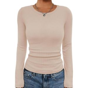 imageATHMILE Womens Long Sleeve Crewneck Ribbed Tops Fall Fitted Stretch Casual Basic T Shirts 2025Apeach