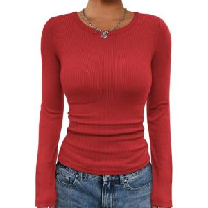 imageATHMILE Womens Long Sleeve Crewneck Ribbed Tops Fall Fitted Stretch Casual Basic T Shirts 2025Ared