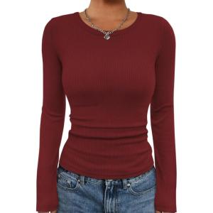 imageATHMILE Womens Long Sleeve Crewneck Ribbed Tops Fall Fitted Stretch Casual Basic T Shirts 2025Awine Red
