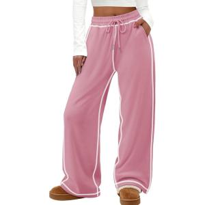 imageATHMILE Track Pants Women Sweatpants Wide Leg Straight Drawstring Teen Girl Fall Jogging Soft Lounge Athletic Pajama JoggersPink