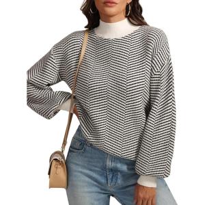 imageATHMILE Womens Fall Fashion Mock Neck Sweater Long Sleeve Plaid Ribbed Knit Loose Pullover Tops Trendy Office OutfitsCarbon