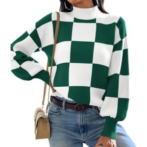 imageATHMILE Womens Fall Fashion Mock Neck Sweater Long Sleeve Plaid Ribbed Knit Loose Pullover Tops Trendy Office OutfitsDarkgreenplaid
