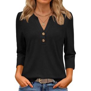 imageATHMILE Womens Tops 34 Length Sleeve Button Down Henley Shirts Business Casual Outfits Fashion BlousesBlack