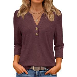 imageATHMILE Womens Tops 34 Length Sleeve Button Down Henley Shirts Business Casual Outfits Fashion BlousesBurgundy