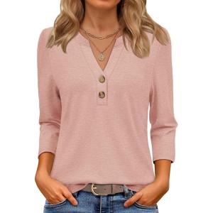 imageATHMILE Womens Tops 34 Length Sleeve Button Down Henley Shirts Business Casual Outfits Fashion BlousesCoral