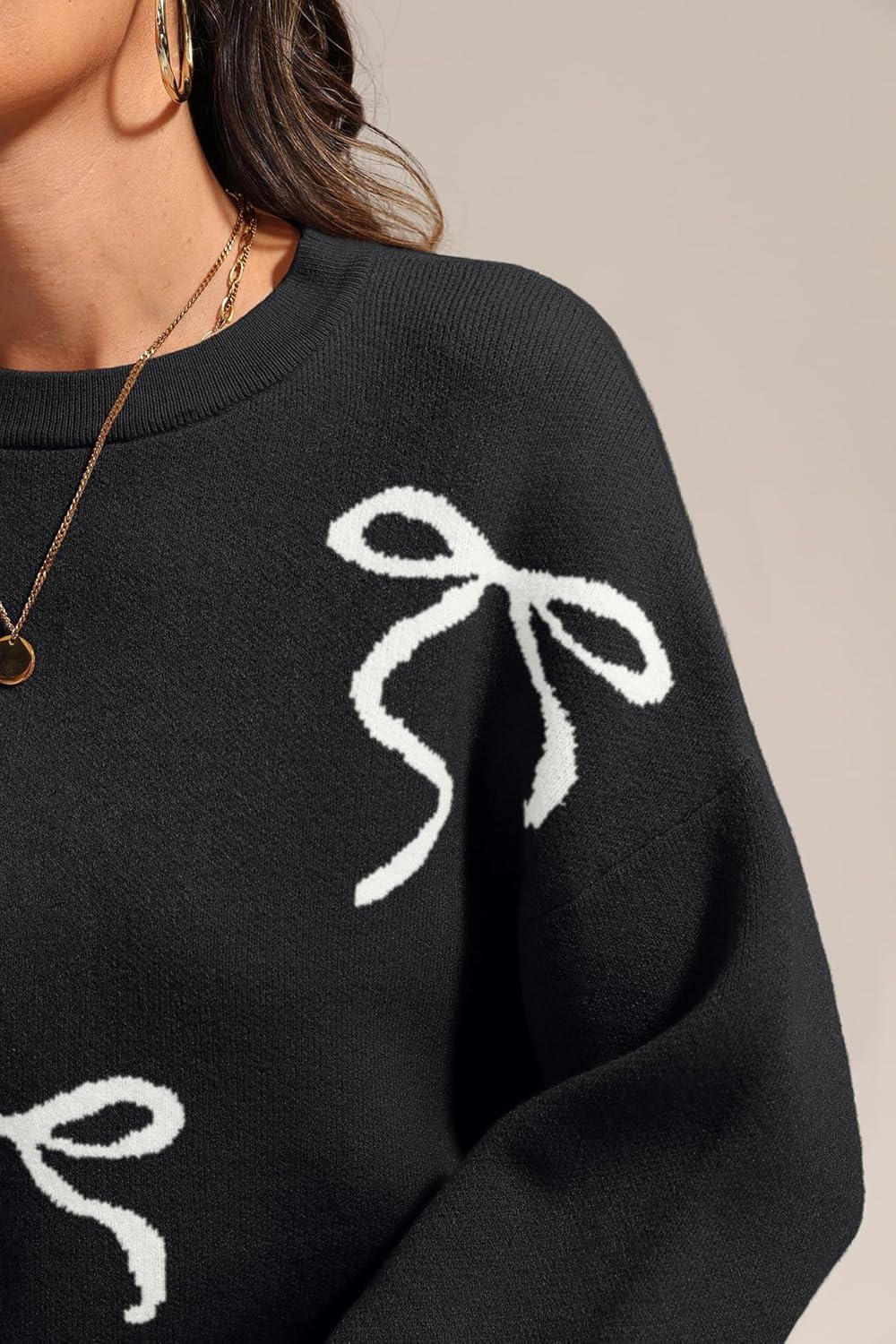 imageATHMILE Fall Sweaters for Women 2025 Fashion Cute Bow Knit Pullover Trendy Long Sleeve Oversized Sweater Winter ClothingBlack
