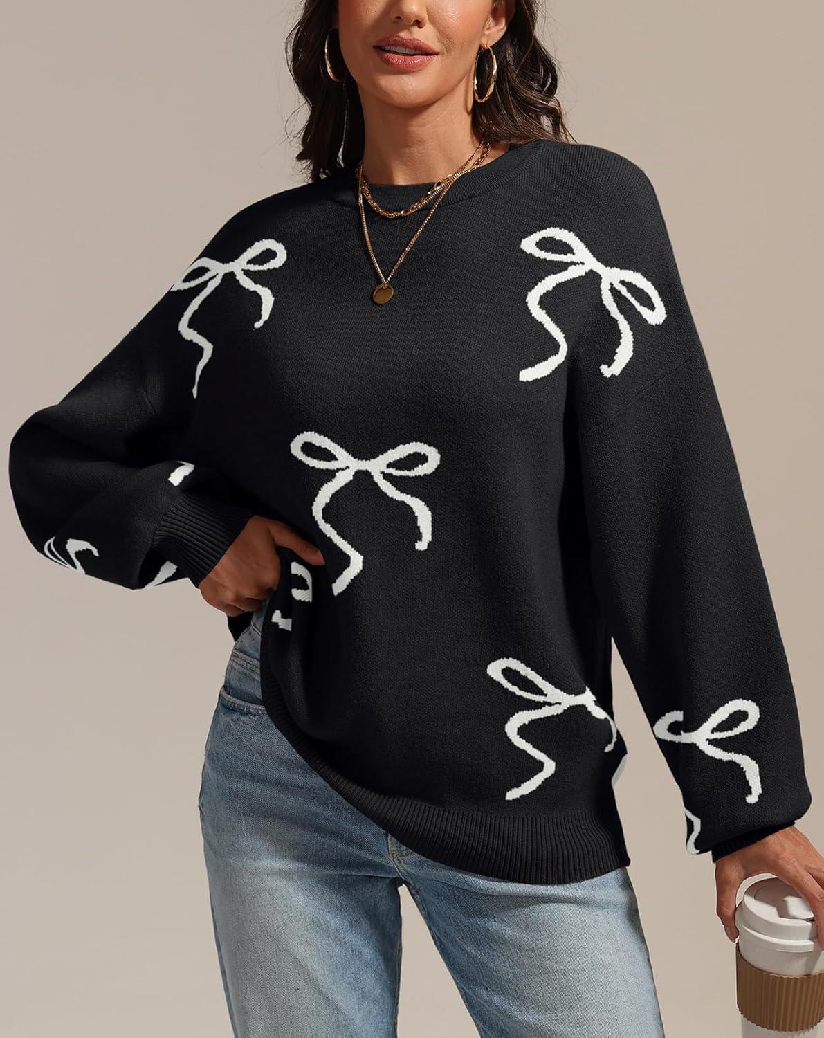 imageATHMILE Fall Sweaters for Women 2025 Fashion Cute Bow Knit Pullover Trendy Long Sleeve Oversized Sweater Winter ClothingBlack