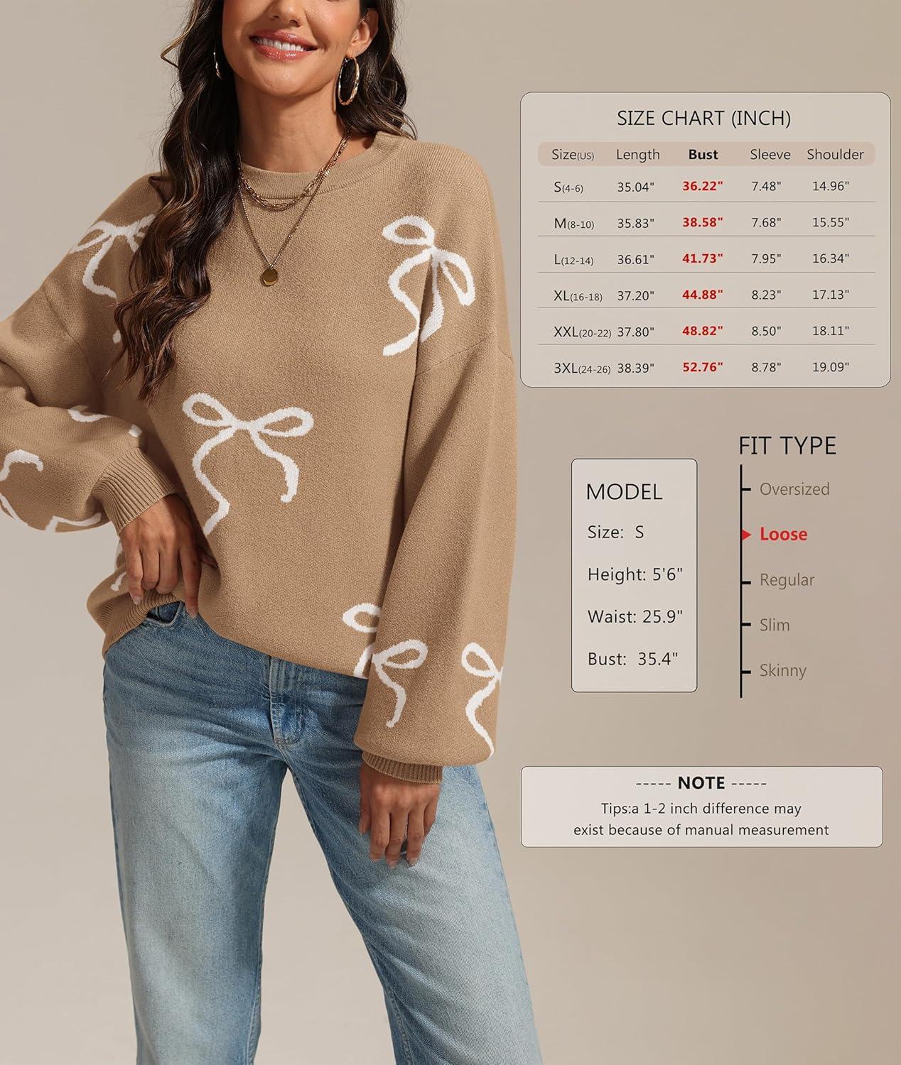 imageATHMILE Fall Sweaters for Women 2025 Fashion Cute Bow Knit Pullover Trendy Long Sleeve Oversized Sweater Winter ClothingCamel