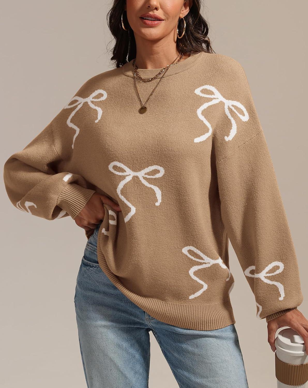 imageATHMILE Fall Sweaters for Women 2025 Fashion Cute Bow Knit Pullover Trendy Long Sleeve Oversized Sweater Winter ClothingCamel