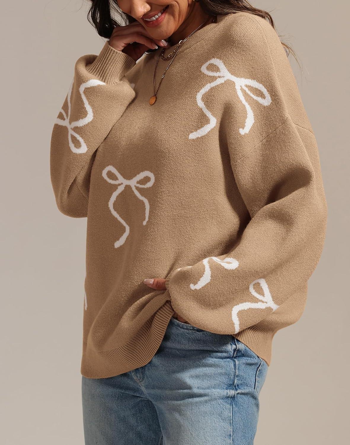 imageATHMILE Fall Sweaters for Women 2025 Fashion Cute Bow Knit Pullover Trendy Long Sleeve Oversized Sweater Winter ClothingCamel