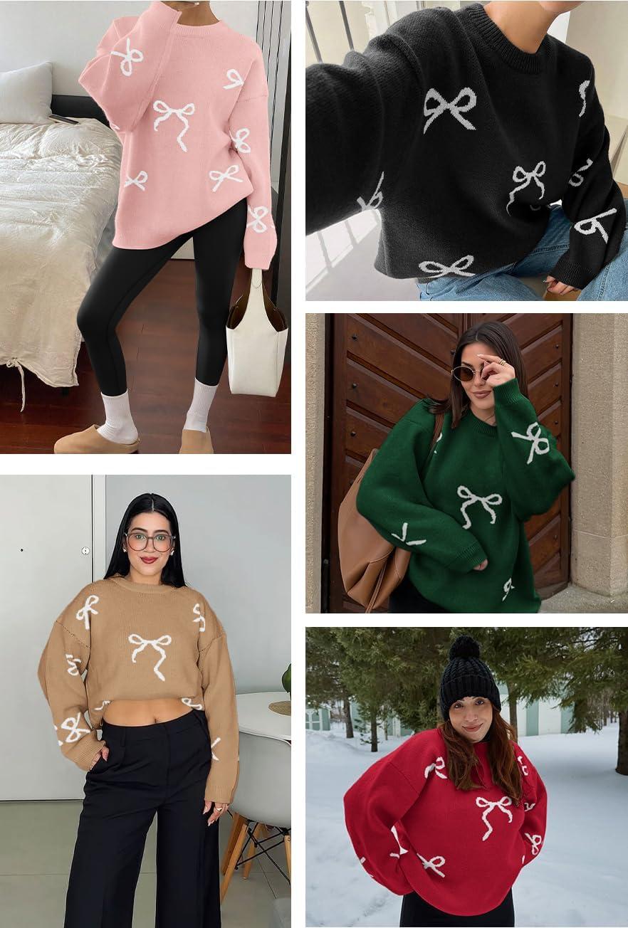 imageATHMILE Fall Sweaters for Women 2025 Fashion Cute Bow Knit Pullover Trendy Long Sleeve Oversized Sweater Winter ClothingCamel