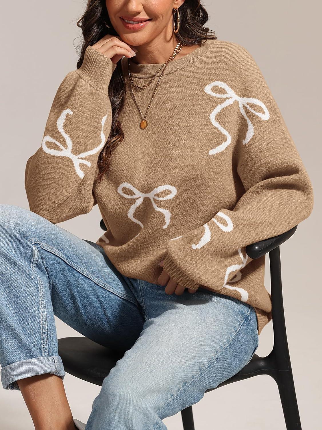 imageATHMILE Fall Sweaters for Women 2025 Fashion Cute Bow Knit Pullover Trendy Long Sleeve Oversized Sweater Winter ClothingCamel