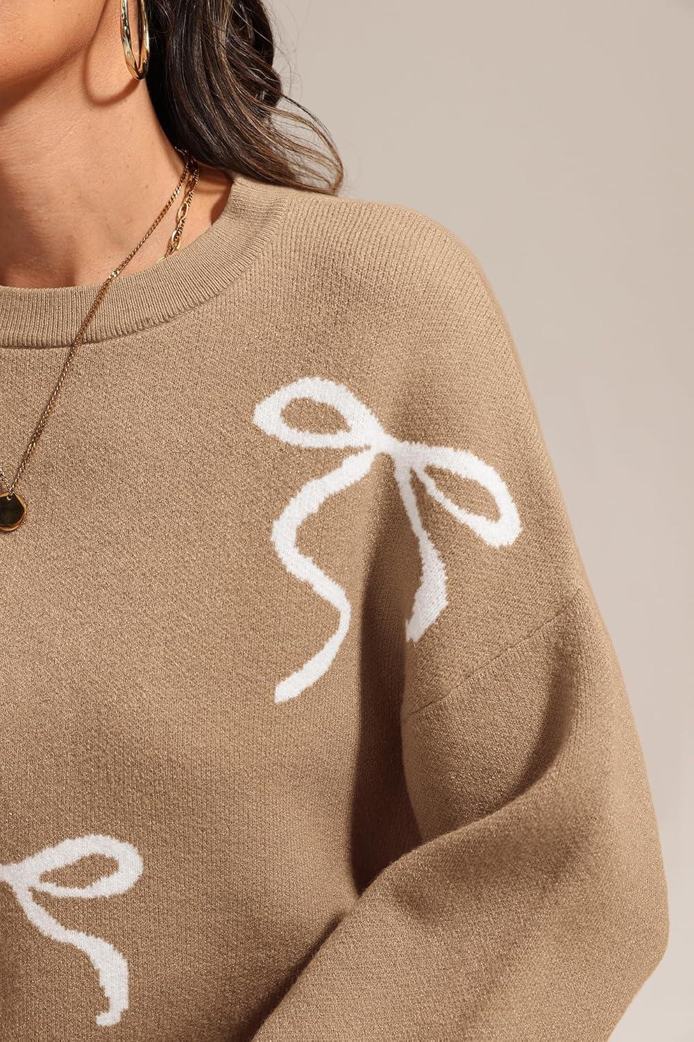 imageATHMILE Fall Sweaters for Women 2025 Fashion Cute Bow Knit Pullover Trendy Long Sleeve Oversized Sweater Winter ClothingCamel