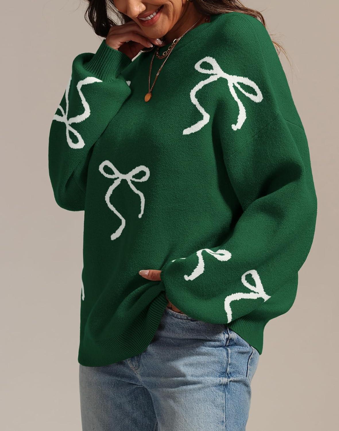 imageATHMILE Fall Sweaters for Women 2025 Fashion Cute Bow Knit Pullover Trendy Long Sleeve Oversized Sweater Winter ClothingGreen