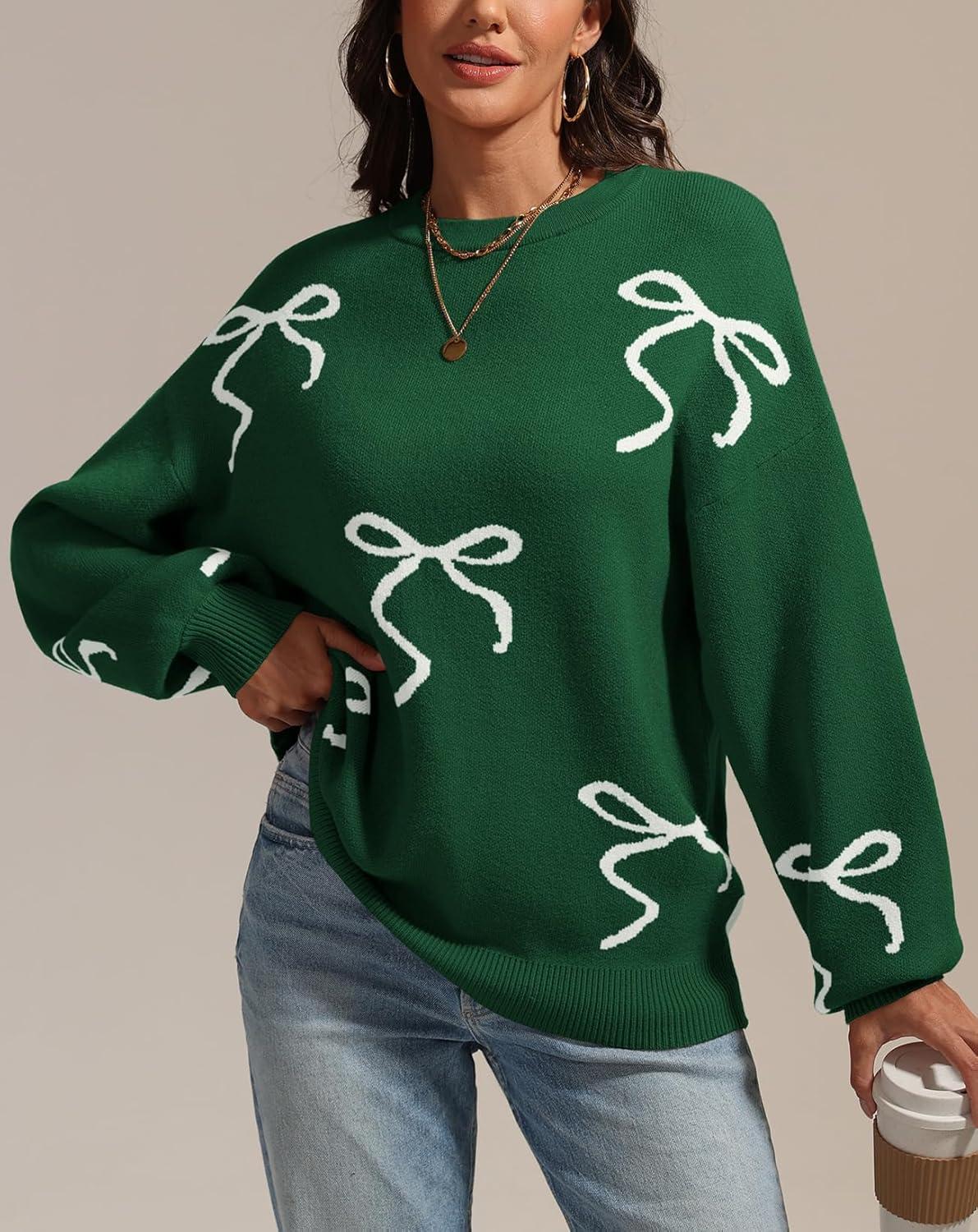 imageATHMILE Fall Sweaters for Women 2025 Fashion Cute Bow Knit Pullover Trendy Long Sleeve Oversized Sweater Winter ClothingGreen
