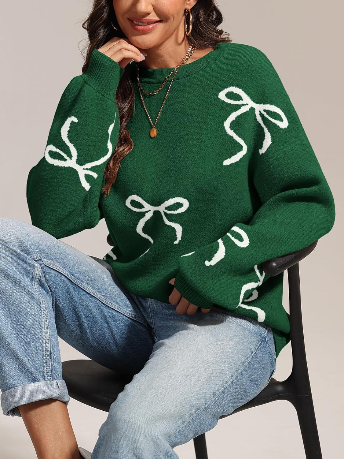 imageATHMILE Fall Sweaters for Women 2025 Fashion Cute Bow Knit Pullover Trendy Long Sleeve Oversized Sweater Winter ClothingGreen