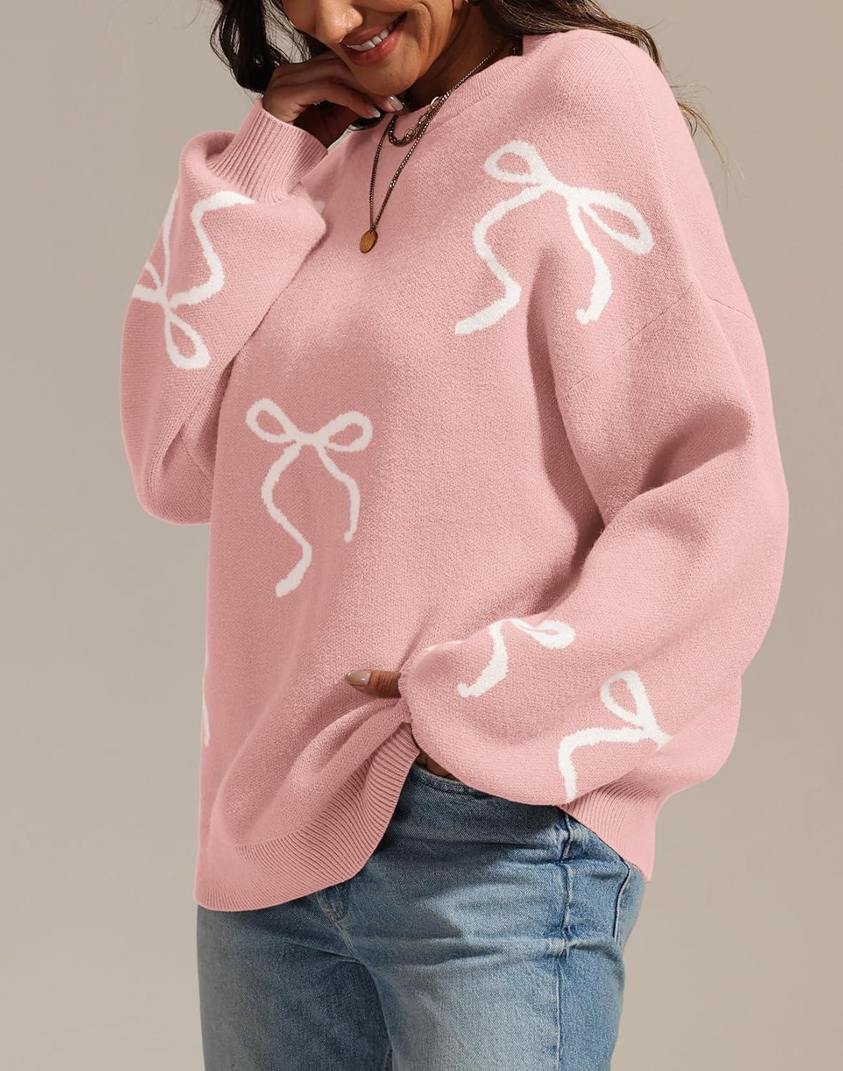 imageATHMILE Fall Sweaters for Women 2025 Fashion Cute Bow Knit Pullover Trendy Long Sleeve Oversized Sweater Winter ClothingPink