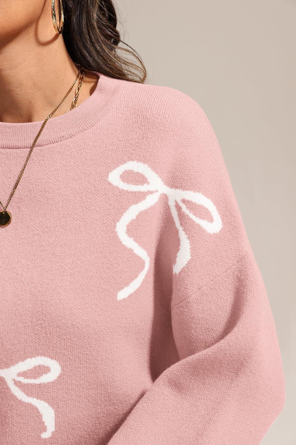 imageATHMILE Fall Sweaters for Women 2025 Fashion Cute Bow Knit Pullover Trendy Long Sleeve Oversized Sweater Winter ClothingPink