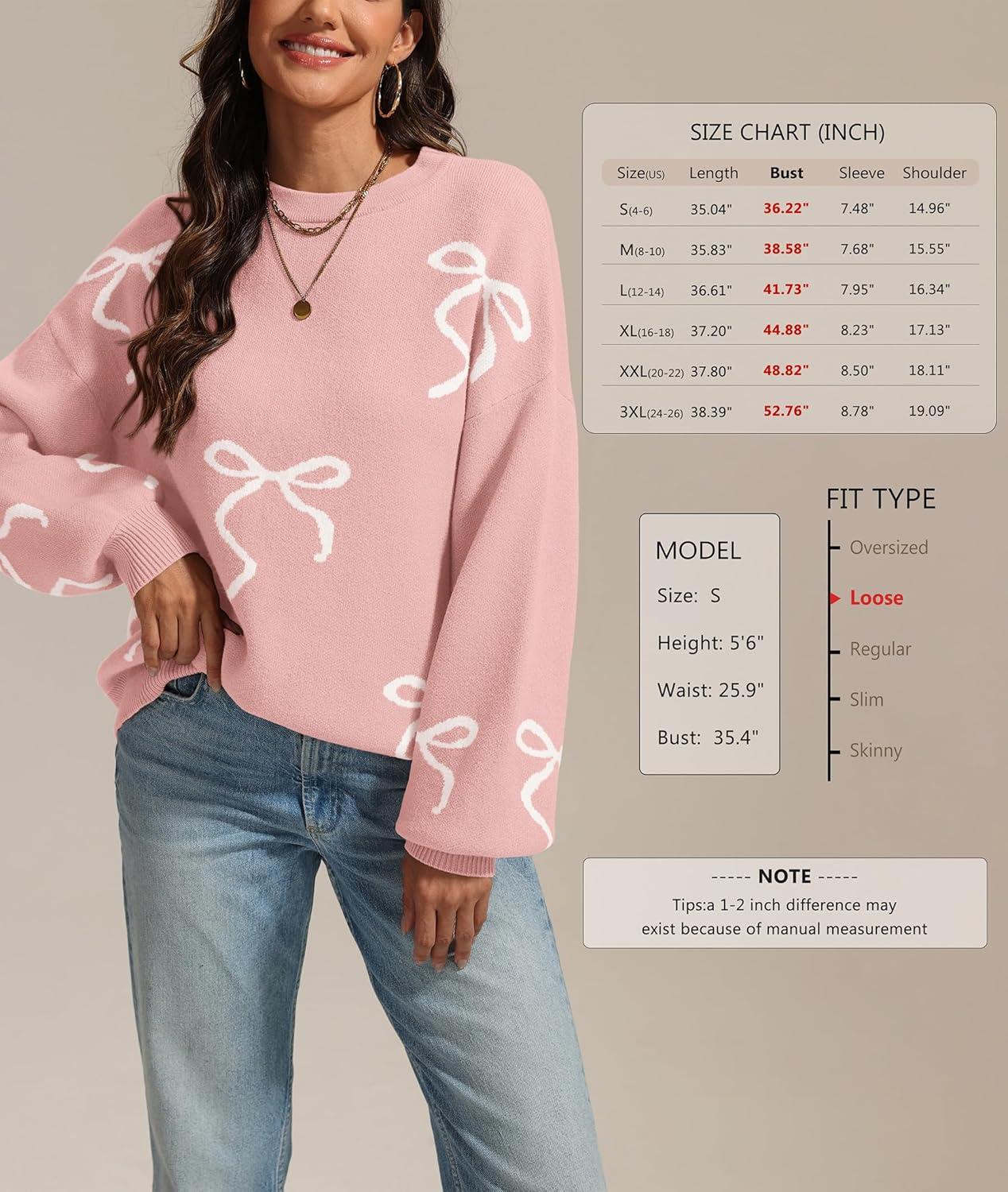 imageATHMILE Fall Sweaters for Women 2025 Fashion Cute Bow Knit Pullover Trendy Long Sleeve Oversized Sweater Winter ClothingPink