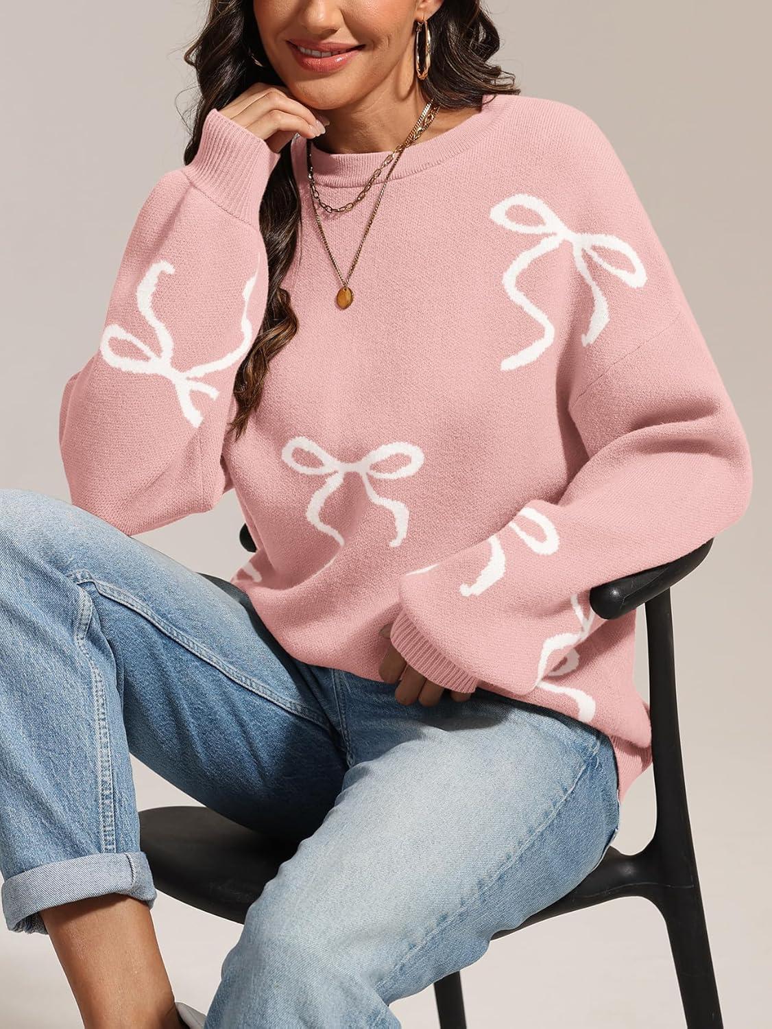 imageATHMILE Fall Sweaters for Women 2025 Fashion Cute Bow Knit Pullover Trendy Long Sleeve Oversized Sweater Winter ClothingPink