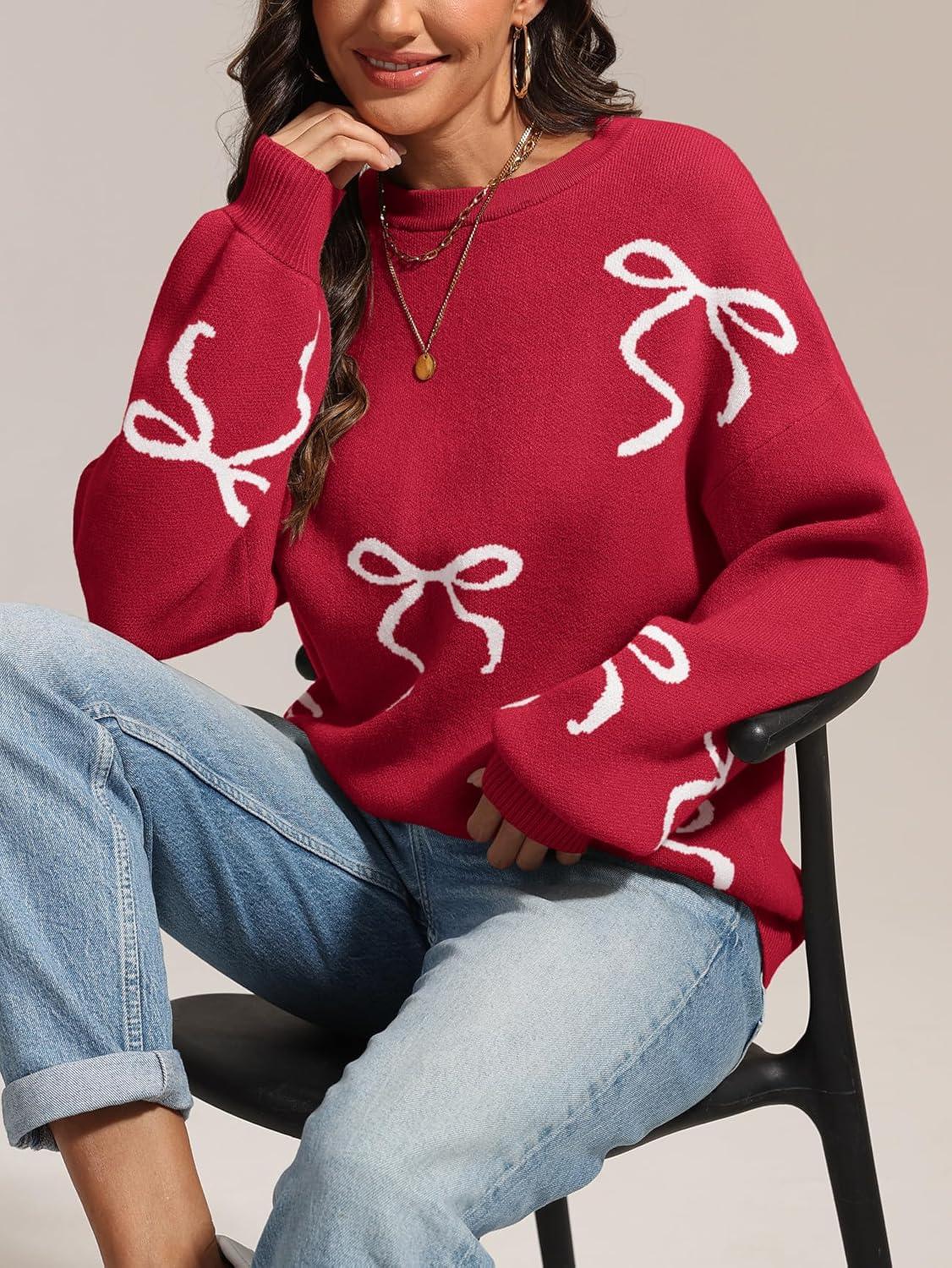 imageATHMILE Fall Sweaters for Women 2025 Fashion Cute Bow Knit Pullover Trendy Long Sleeve Oversized Sweater Winter ClothingRed