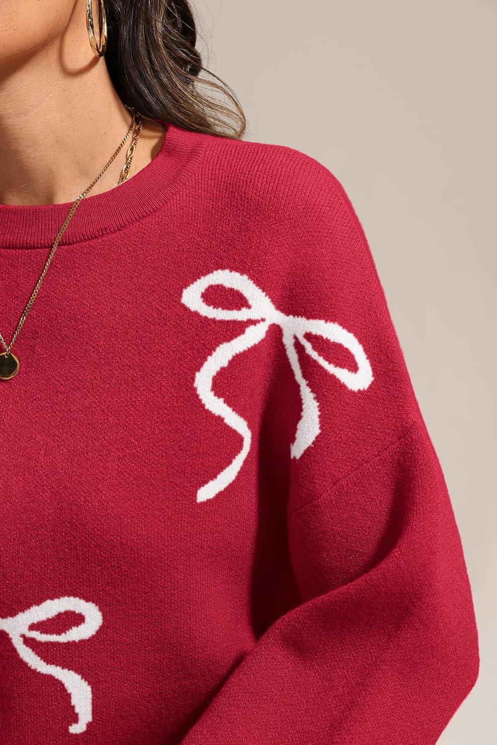 imageATHMILE Fall Sweaters for Women 2025 Fashion Cute Bow Knit Pullover Trendy Long Sleeve Oversized Sweater Winter ClothingRed