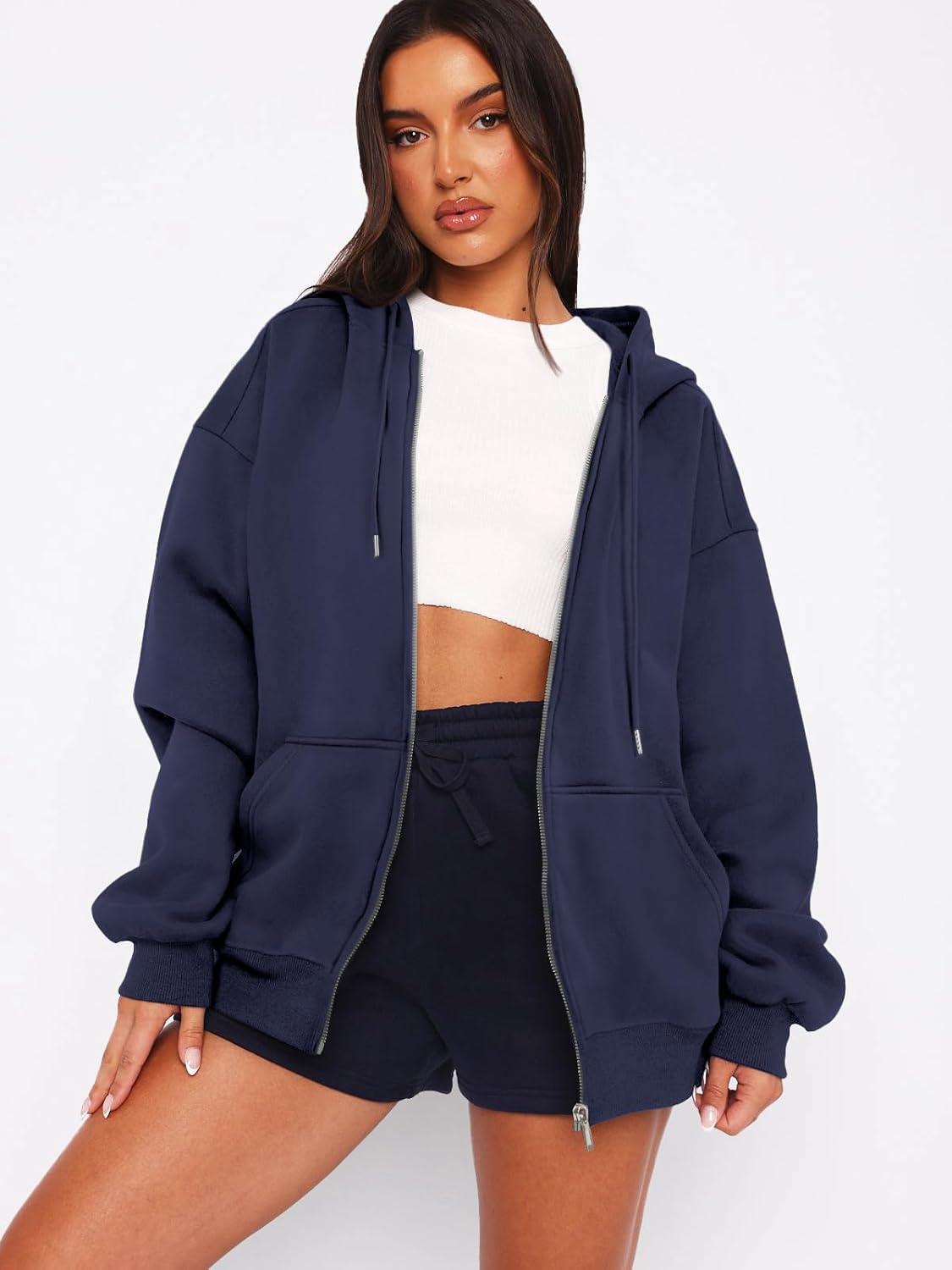 imageATHMILE Oversized Hoodies for Women Fall Sweatshirts Zip Up Hoodie Casual Jackets Y2k Fashion Outfits Winter Clothes 2025Navy