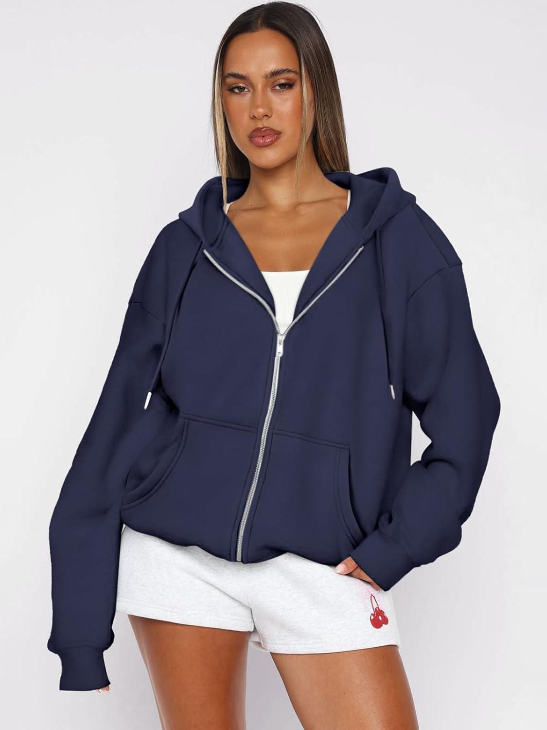 imageATHMILE Oversized Hoodies for Women Fall Sweatshirts Zip Up Hoodie Casual Jackets Y2k Fashion Outfits Winter Clothes 2025Navy