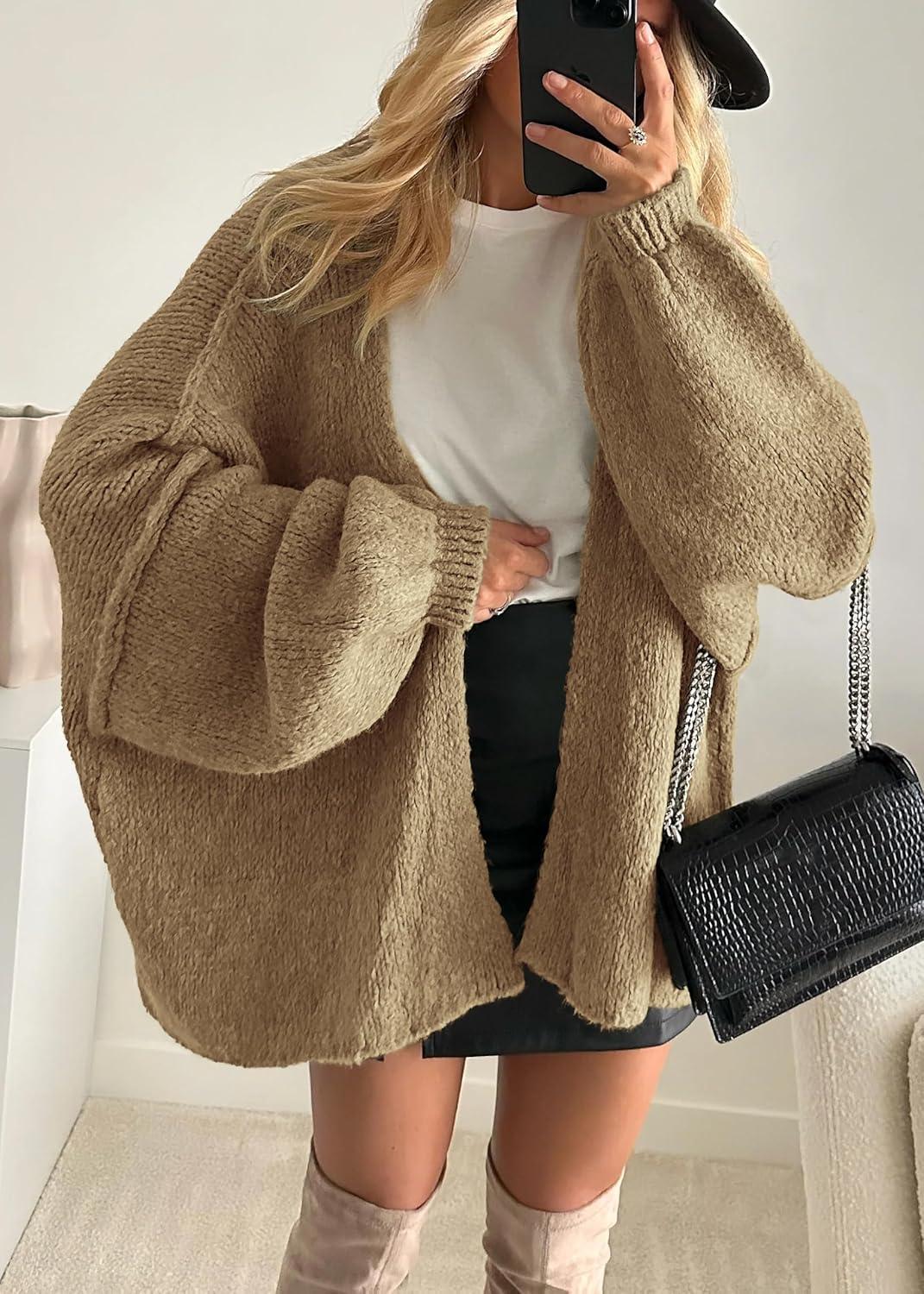 imageATHMILE Womens Fall Oversized Cardigan Sweaters Long Lantern Sleeve Knit Open Front Lightweight Winter Fashion Clothes 2025Camel