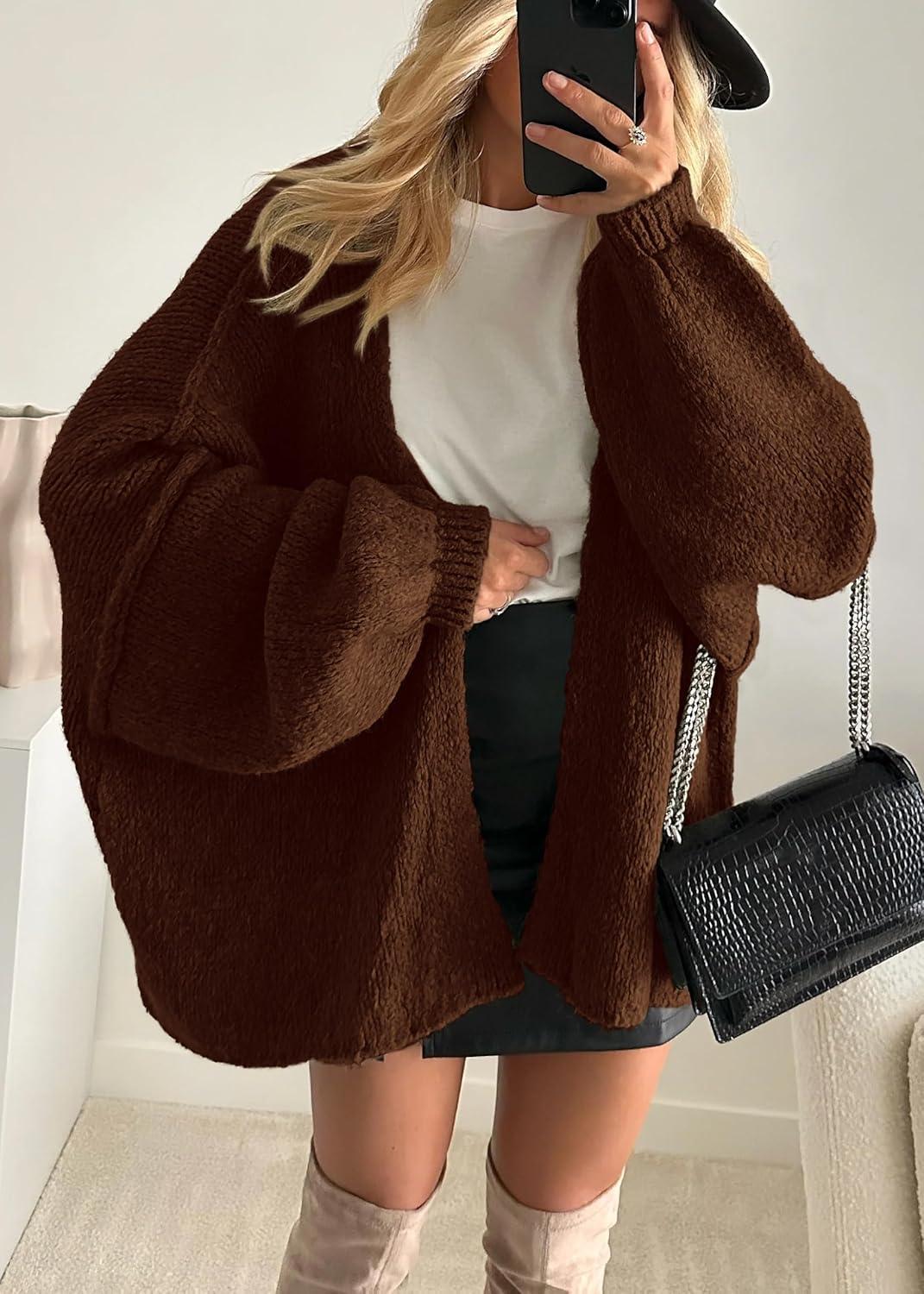 imageATHMILE Womens Fall Oversized Cardigan Sweaters Long Lantern Sleeve Knit Open Front Lightweight Winter Fashion Clothes 2025Caramel