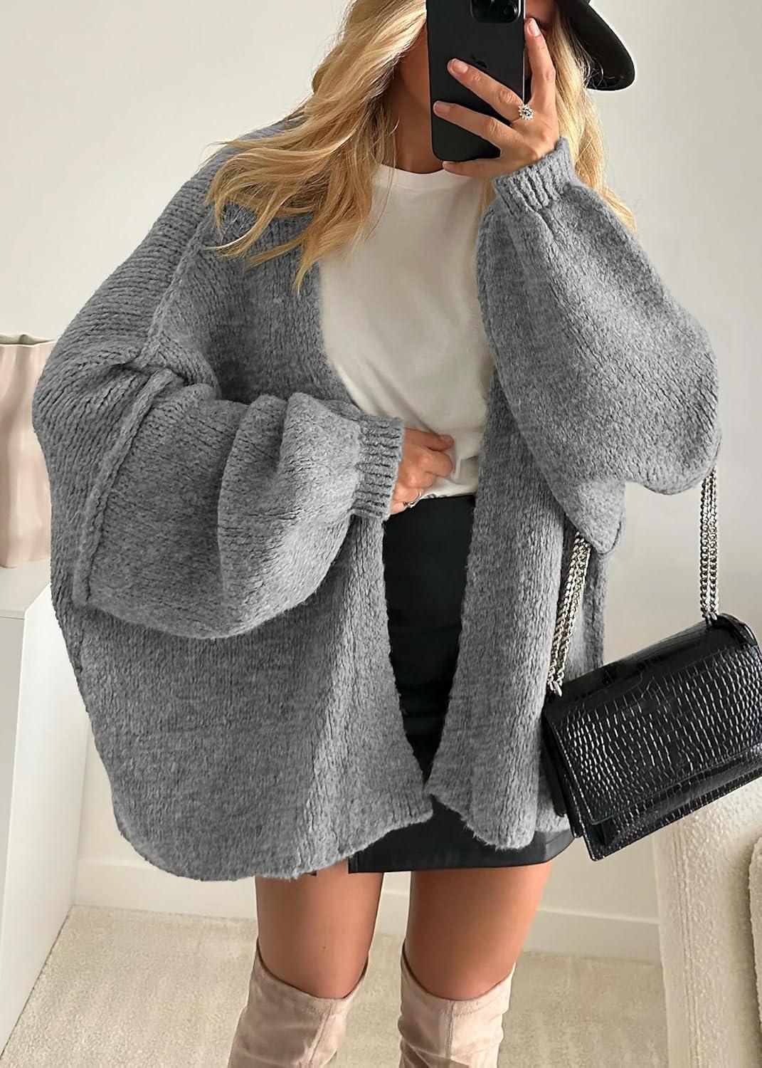 imageATHMILE Womens Fall Oversized Cardigan Sweaters Long Lantern Sleeve Knit Open Front Lightweight Winter Fashion Clothes 2025Gray