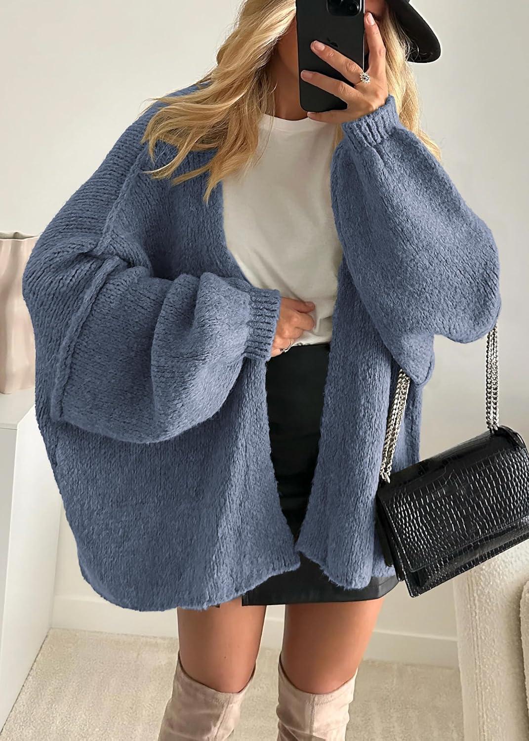imageATHMILE Womens Fall Oversized Cardigan Sweaters Long Lantern Sleeve Knit Open Front Lightweight Winter Fashion Clothes 2025Haze Blue