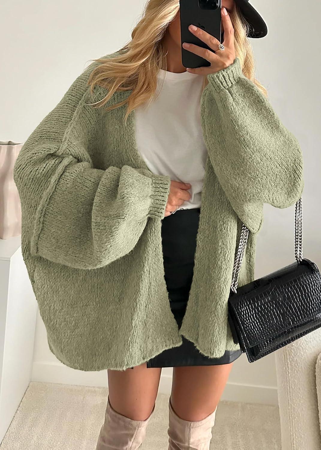 imageATHMILE Womens Fall Oversized Cardigan Sweaters Long Lantern Sleeve Knit Open Front Lightweight Winter Fashion Clothes 2025Light Gray Green