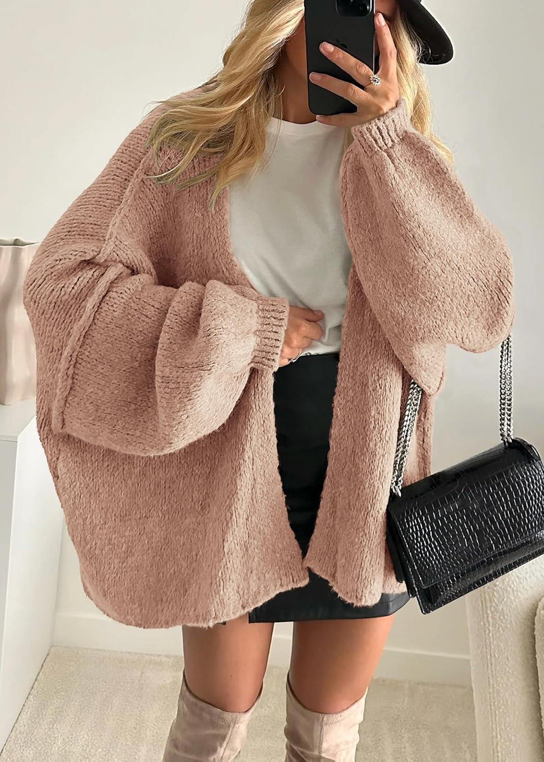 imageATHMILE Womens Fall Oversized Cardigan Sweaters Long Lantern Sleeve Knit Open Front Lightweight Winter Fashion Clothes 2025Light Pink