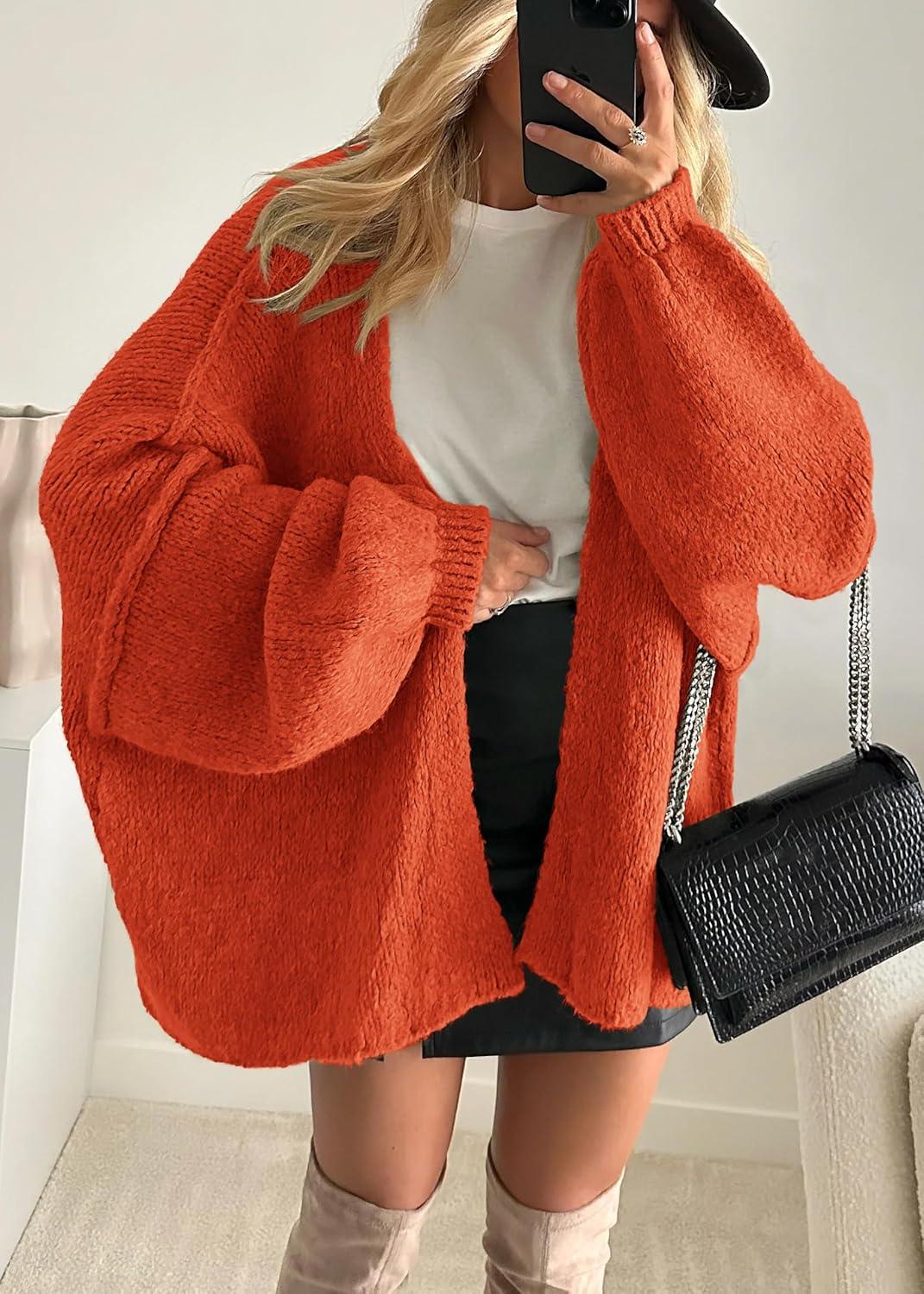 imageATHMILE Womens Fall Oversized Cardigan Sweaters Long Lantern Sleeve Knit Open Front Lightweight Winter Fashion Clothes 2025Orange