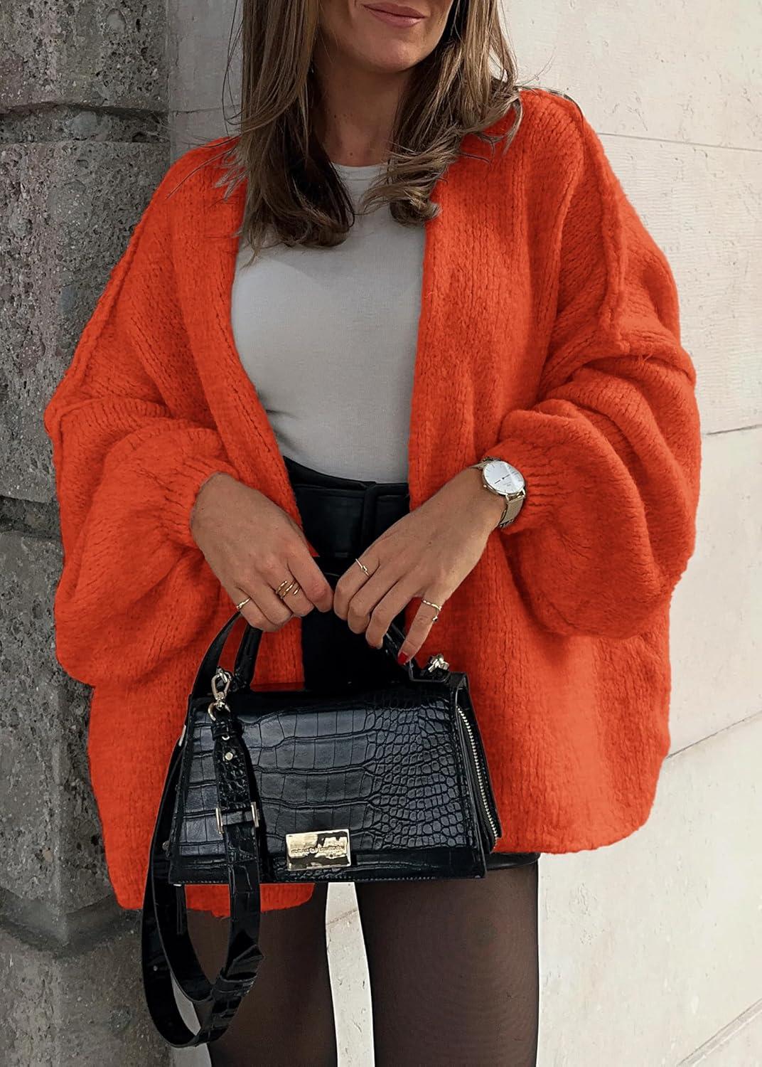 imageATHMILE Womens Fall Oversized Cardigan Sweaters Long Lantern Sleeve Knit Open Front Lightweight Winter Fashion Clothes 2025Orange